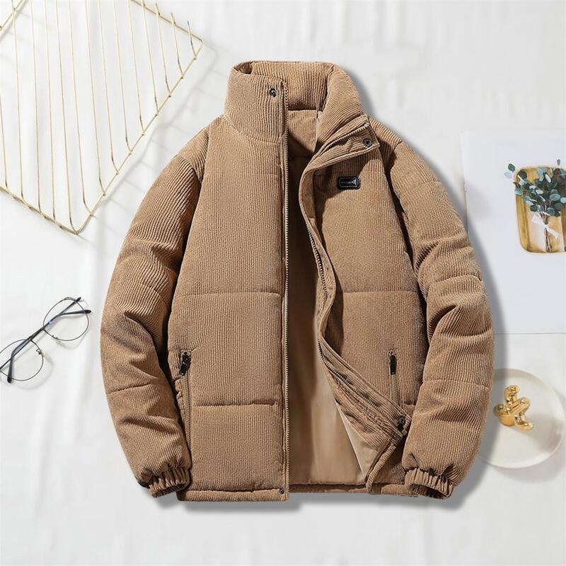 Men Cotton Coat Polyester Jacket for Men Men's Winter Cotton Coat with Stand Collar Thick Padded Windproof Warmth for Cold
