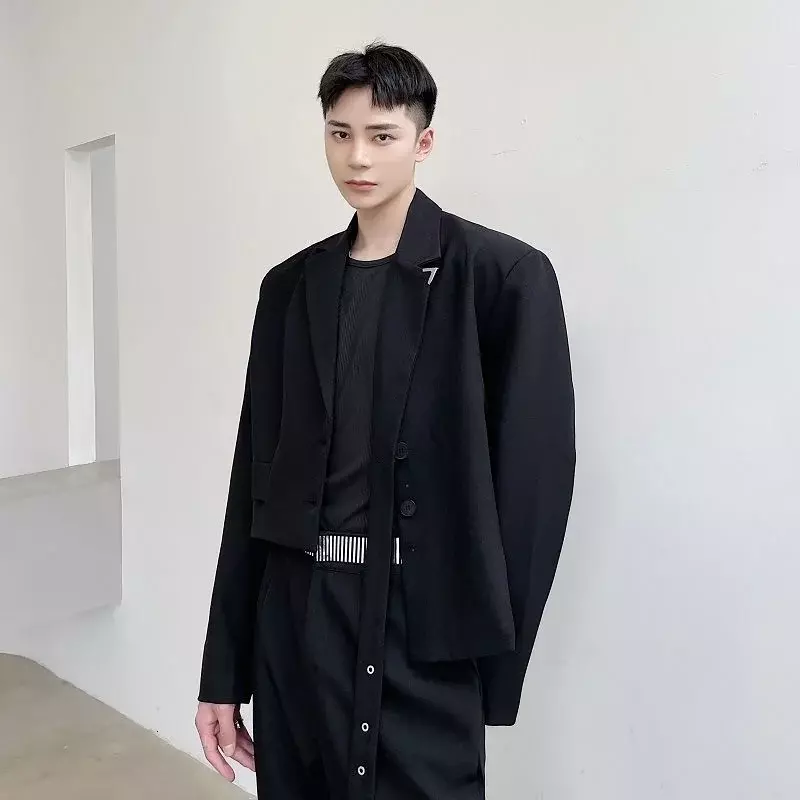 Men's Chic Short Blazer 2023 New Autumn Detachable Two-piece Suit Coat Irregular Hem Fashion Design Black Jacket 9Y9250