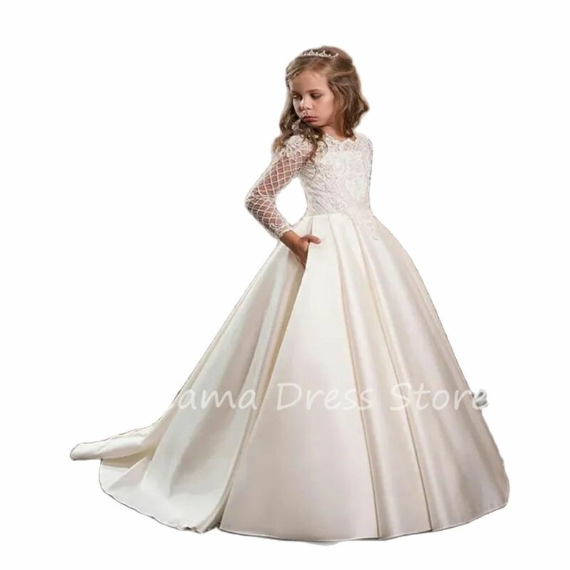 Vestido de novia de Organza para niña, vestido de noche de princesa con lazo, fajas de satén, Mangas de casquillo, flor Simple