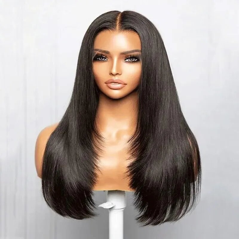 ZXBMALWIGS Soft SyntheticHair Lace Front Wig Layered Black Glueless 26Inch 180% Density Long Preplucked Silky Straight For Women