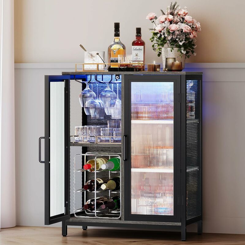 Bar Cabinet,Bar Cabinets for Home,LED Mini Bar, Industrial Accent Cabinet,with 5-Tier Storage and Adjustable Shelves,Bar Cabinet