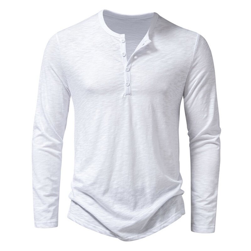 Camisa de algodão com botão Henley masculina, manga comprida, botão casual, cor sólida, camisetas na moda