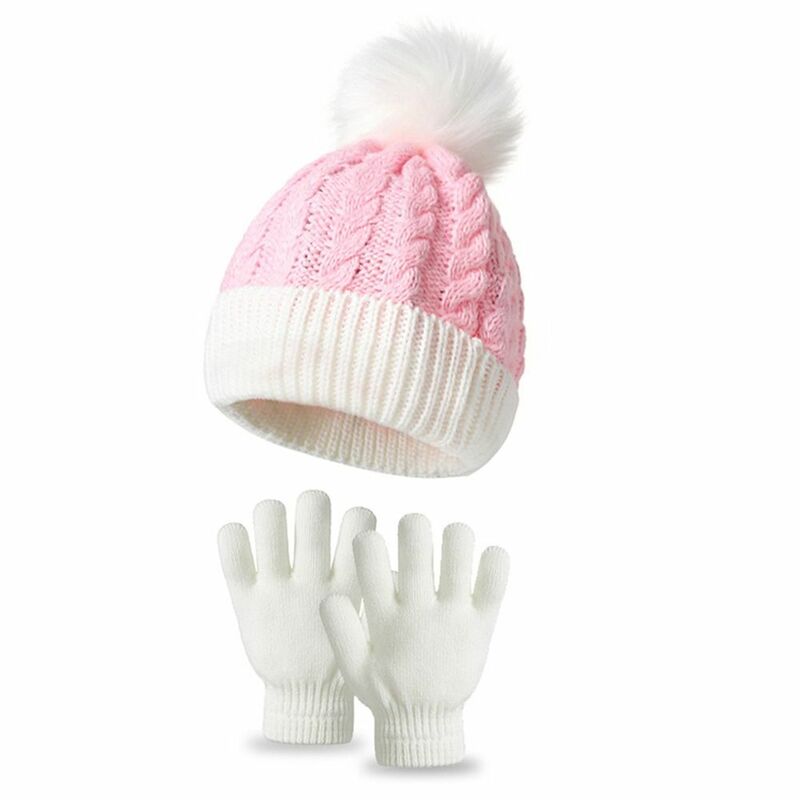 어린이용 귀 보호 니트 모자, 겨울용 따뜻한 부드러운 장갑 세트, 폼폰 야외 비니 모자, 여아 남아용, 2 개/세트