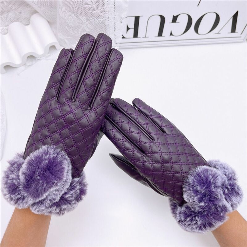 Sarung tangan kulit imitasi wanita, sarung tangan kulit PU bulu palsu tahan air tahan angin warna hitam ungu merah tebal hangat