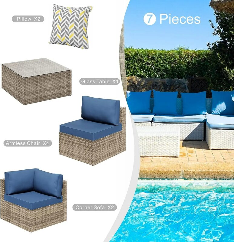 7 Piece Outdoor Patio Furniture Sets, PE Rattan Wicker Sectional Patio Sofa Couch with Tea Table & Washable Cushions
