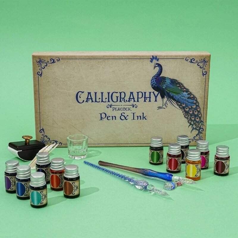 Pena celup kaca dan Set tinta warna-warni pena kaligrafi pemula 12 botol tinta untuk pemula dewasa tulisan kaligrafi Gotik