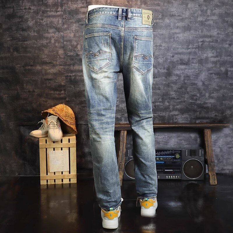 Italienische Mode Mode Männer Jeans Retro gewaschen blau elastisch Slim Fit zerrissene Jeans Männer hochwertige Vintage Designer Jeans hose