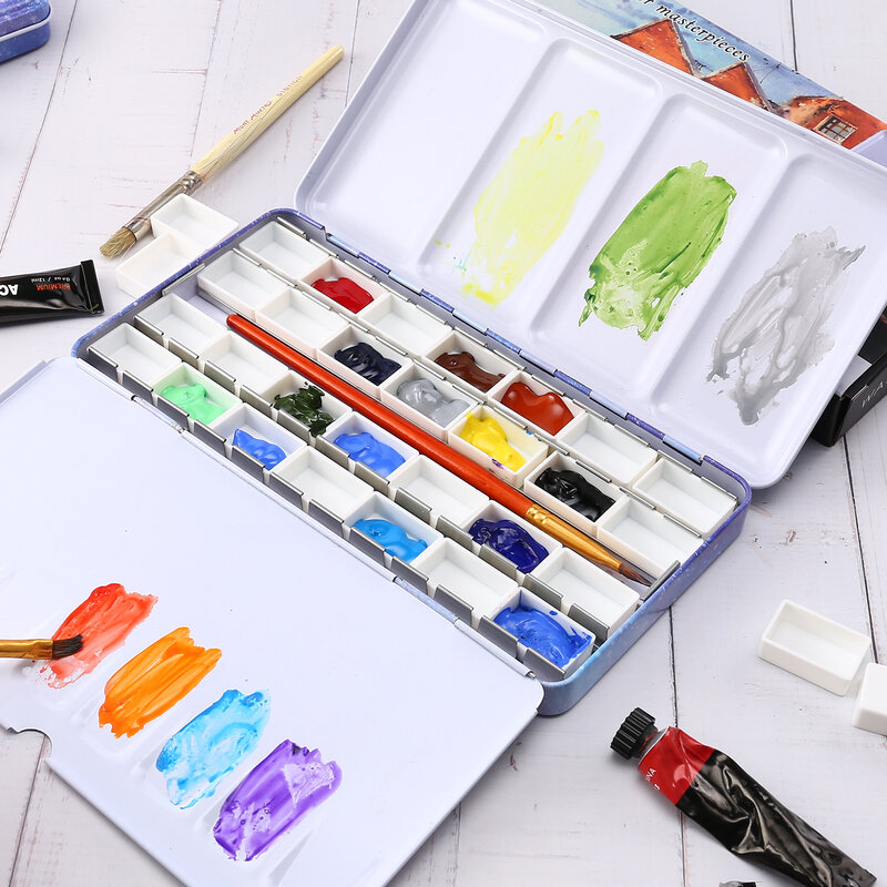 Empty Watercolor Palette with 28 Empty Full Pans, Watercolor Tin with Fold Out Palette for Plein Air Painting and Sketching