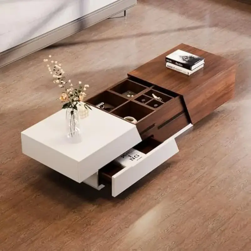 Atas meja kopi dapat ditarik, untuk kotak seluler + 4 ruang partisi multifungsi kamar tidur kantor, meja kopi putih/kenari