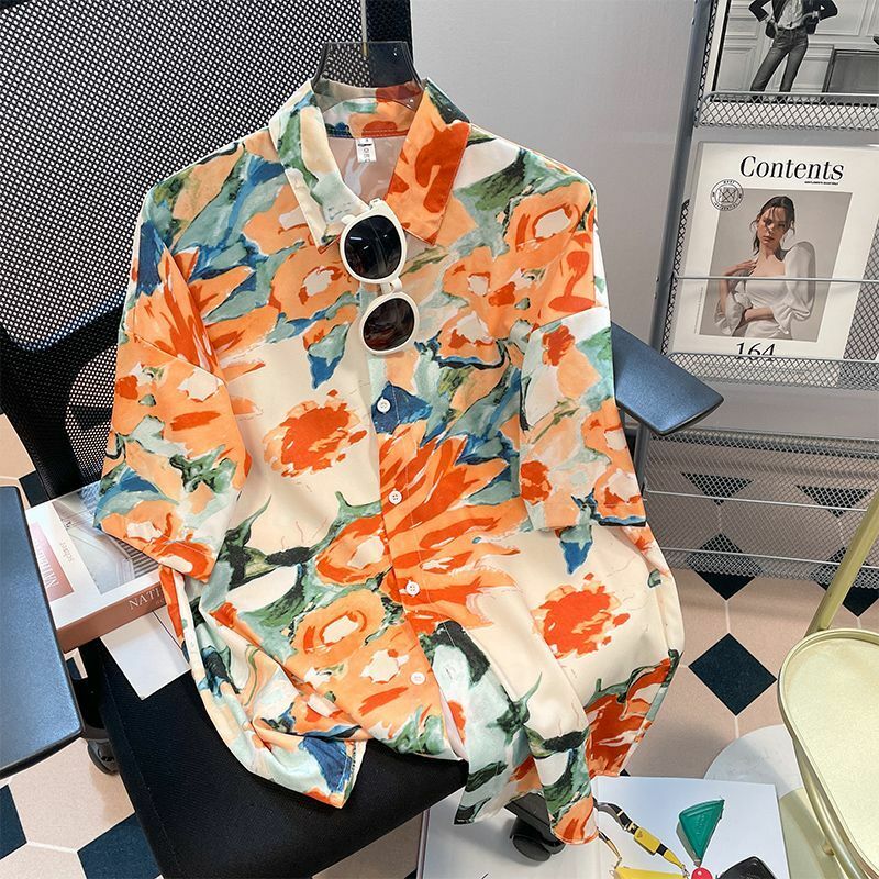 Urlaub Sommer neue Kurzarm Druck lose Jugend Bluse Polo-Ausschnitt Blumen Freizeit hemd Tops Vintage Mode Frauen Kleidung
