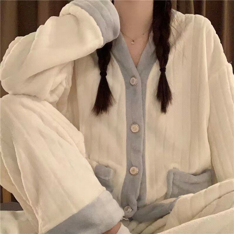 Conjunto de pijama de flanela quente, veludo coral, decote em v, minimalista, copa, contraste azul, roupas domésticas, outono e inverno