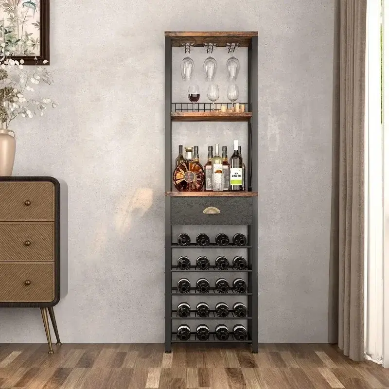 LISM stojak na wino wolnostojąca podłoga, barowa szafka na alkohol i kieliszki, 4-poziomowa szafka barowa z blatem, stojak na kieliszki schowek