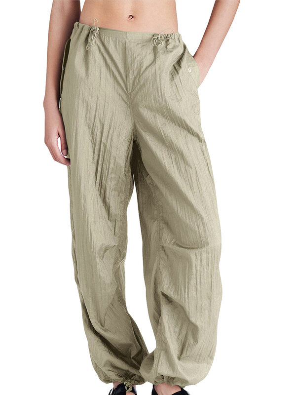 Women s Baggy Jogger Cargo Pants High Waist Solid Color Parachute Pants Drawstring Sweatpants