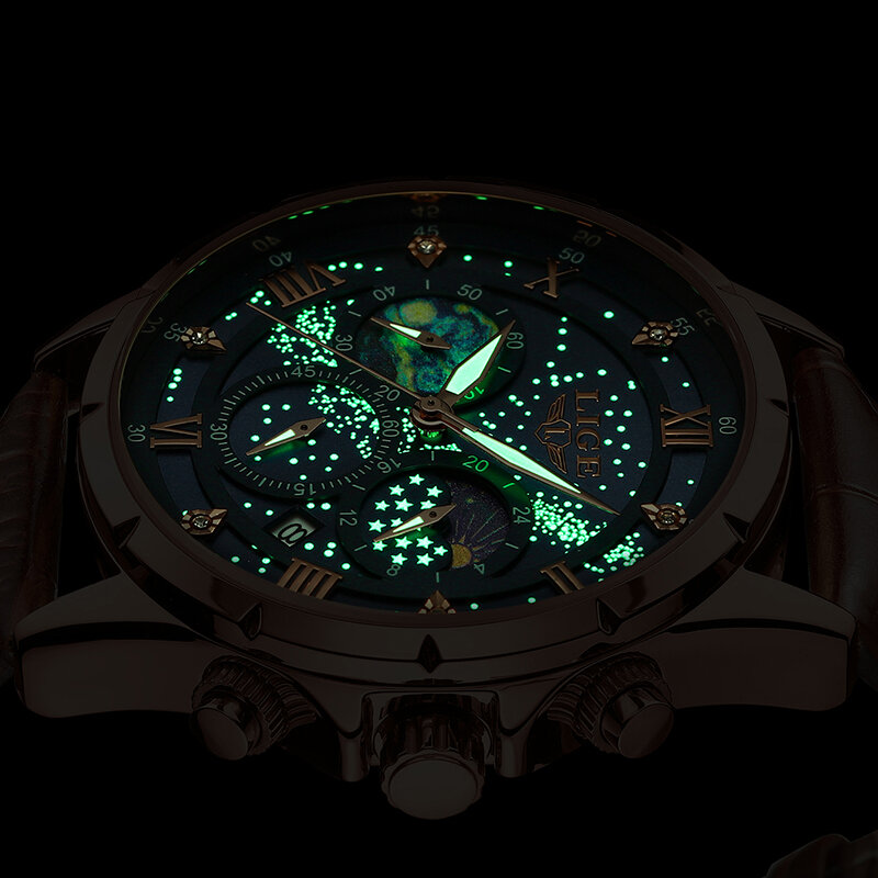 LIGE jam tangan bercahaya untuk pria, arloji kulit mewah merek terbaik Quartz besar tahan air, jam tangan laki-laki