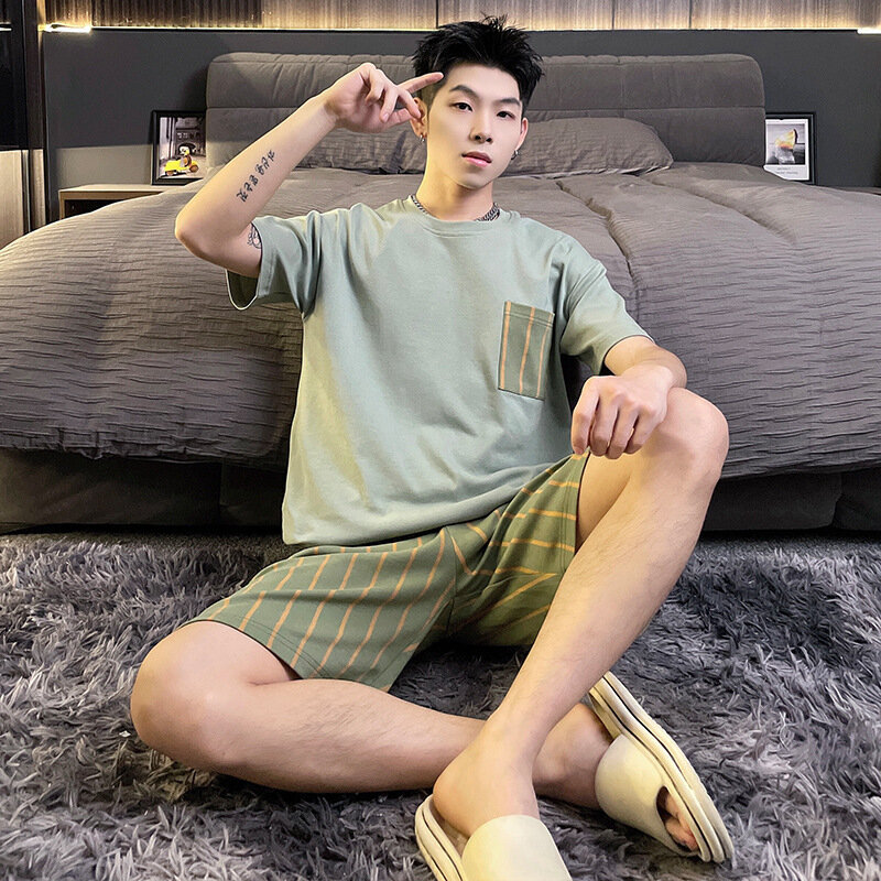 New Summer Fashion Men's Sleepwear Soft Cotton Pajamas Set for Gentleman Round Collar Casual Loungewear for Young Man Pjs