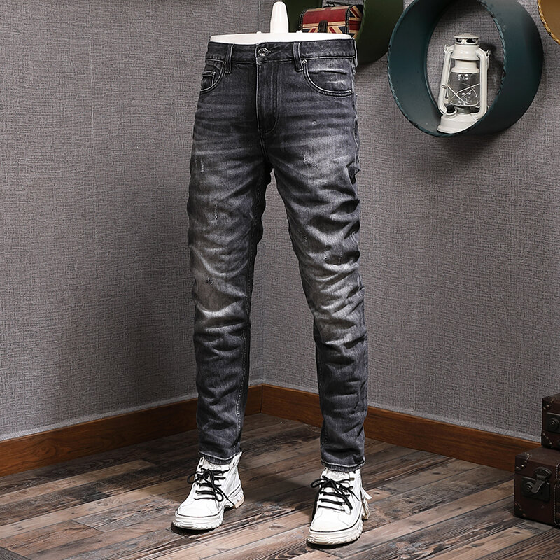Włoski styl modne dżinsy męskie wysokiej jakości Retro czarny szary elastyczny Slim porwane jeansy mężczyźni Vintage Designer spodnie dżinsowe Hombre