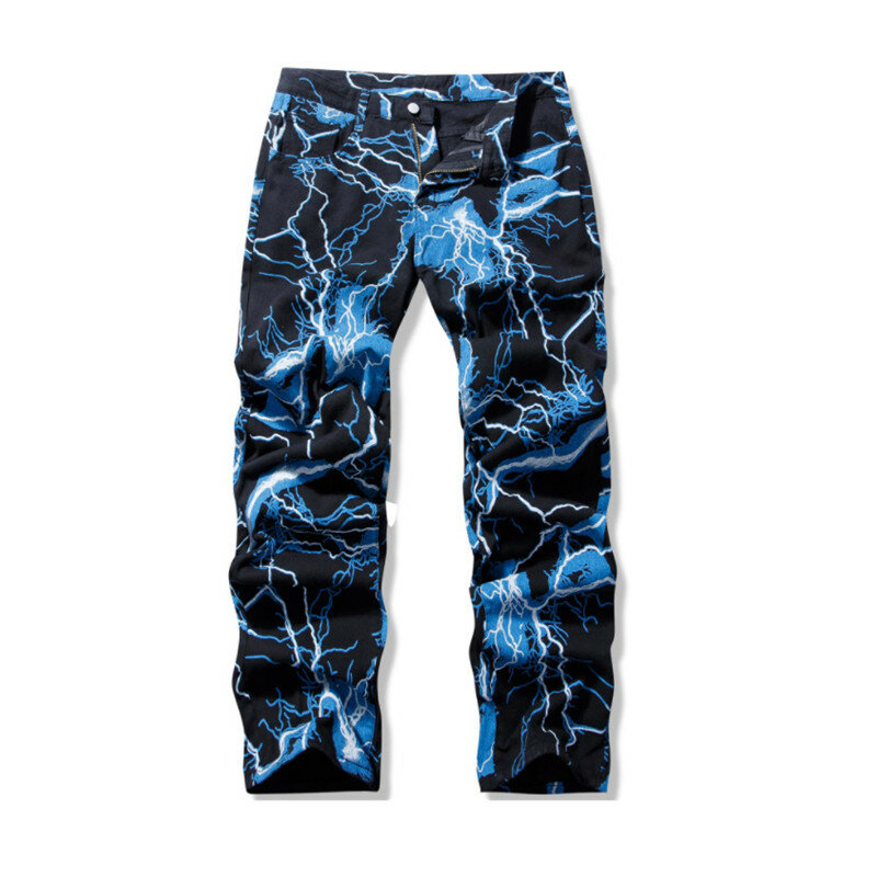 Y2K Celana Jeans Pria Antik Celana Panjang Gambar Cetak Petir Gaya Vibe Hip Hop Lurus Jeans Pria dan Wanita Harajuku