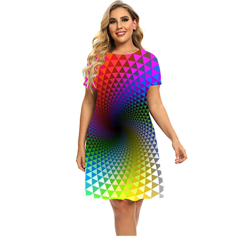 우아한 레인보우 그라데이션 3D 프린트 드레스, 새로운 여성 2023 패션 기하학 그래프 반팔 드레스 여름 플러스 사이즈 의류 6XL
