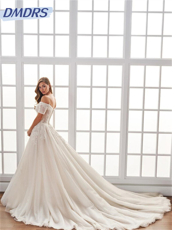 Elegante vestido nupcial fora do ombro, fenda lateral, A-Line, até o chão, vestido de casamento, romântico, charmoso, 2024