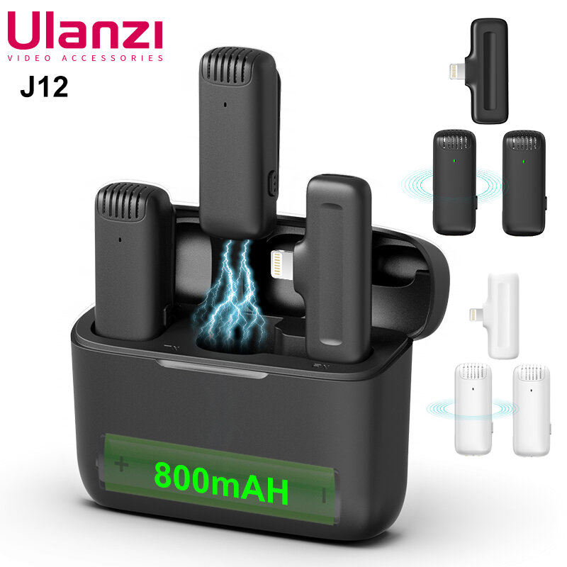 Ulanzi-J12 Microfone Lavalier sem fio profissional, Mini Mic para iPhone, Android, PC, Transmissão ao vivo, Jogos, Áudio, Gravação de Vídeo