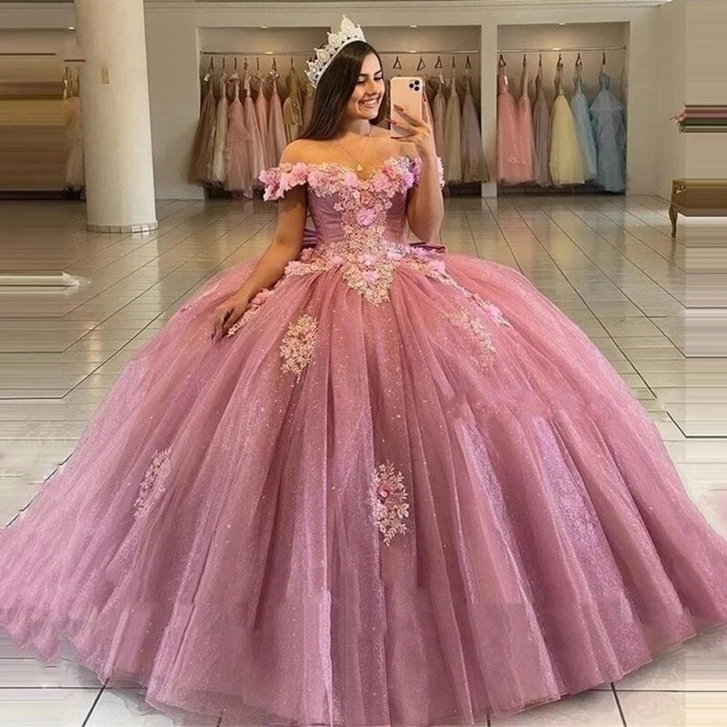 Glitter Sequins Quinceanera Dresses Graceful Off The Shoulder 3D Flower Sweet 16 Year Vestidos De 15 Anos Birthday Party Gown