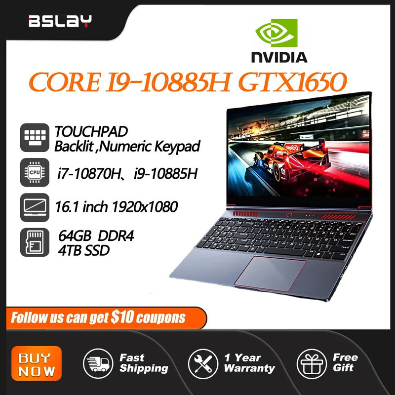 Laptop para jogos com Intel Core i9-10885H, 16.1 Polegada, 4G, Windows 11, 64GB, DDR4, SSD de 4TB, 8 núcleos, 12 Threads, 4,8 GHz, computador 5G WiFi