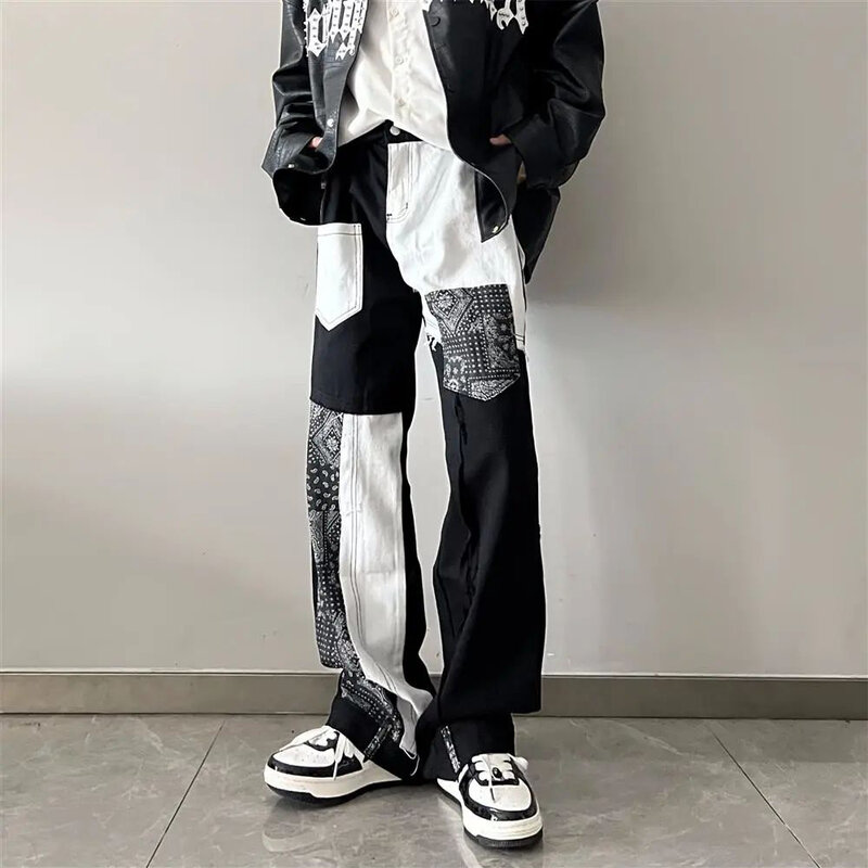 Hip-hop High Street Straight Trousers Men's American Fashion Splicing Contrast Color Wide-leg Pants Design Sports Casual Pants