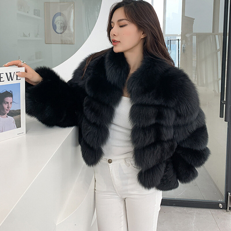 Abrigo corto de piel de zorro auténtica para mujer, chaqueta de lujo de alta calidad, Color sólido, a la moda, 2023