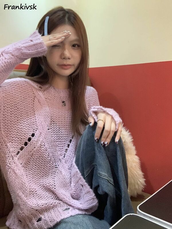 Harajuku feminino solta suéteres estéticos, escavar suéteres chiques, moda de rua alta Ins, acolhedoras populares alunas, malhas primavera, novo, Y2k