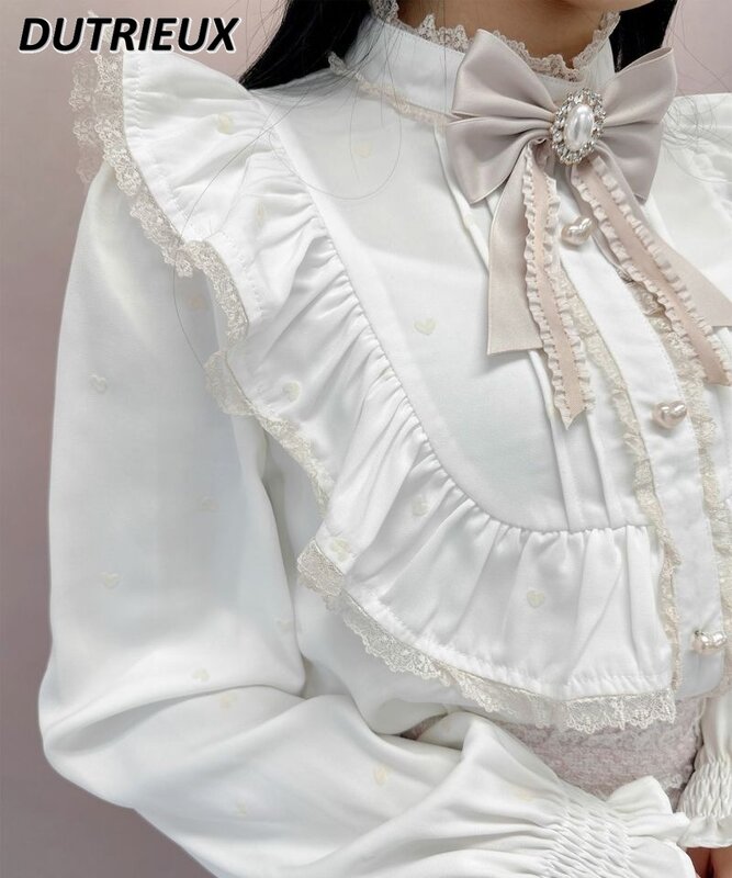 Koszula Lolita kopalnia masowo produkowana falbana z długim rękawem do klapy elegancka koronka słodka kokardka luźna wyszczuplająca bluzka z długimi rękawami pań