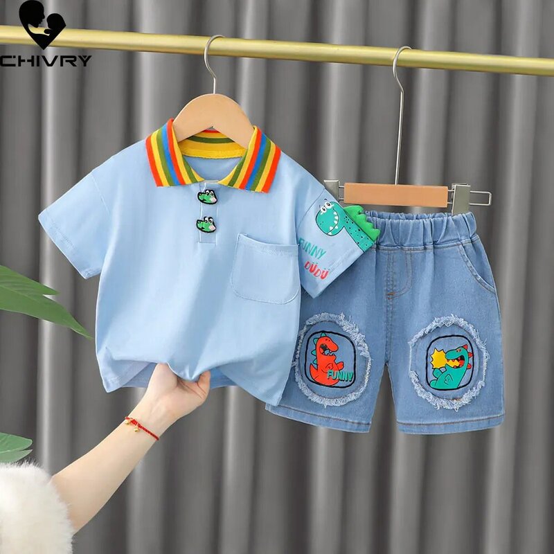 소년용 반팔 줄무늬 라펠 만화 공룡 티셔츠, 데님 반바지, 아동복 세트, 여름 의류, 신제품