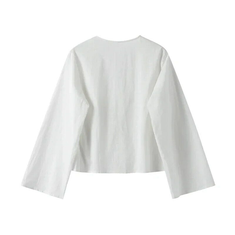 Estate nuova moda Casual Versatile camicia morbida Lady women's Cotton Line Lace Up con scollo a v camicie larghe solide con maniche lunghe