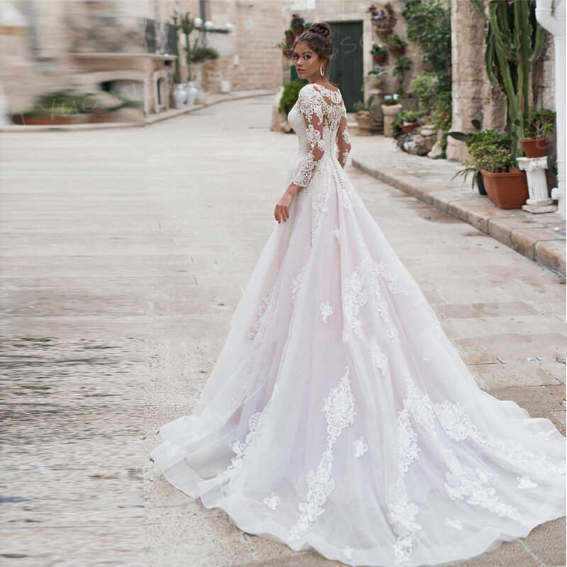 Gaun pernikahan wanita garis A indah 2024 gaun pengantin applique renda klasik gaun pengantin lengan panjang kancing putri Vestido De Noivas