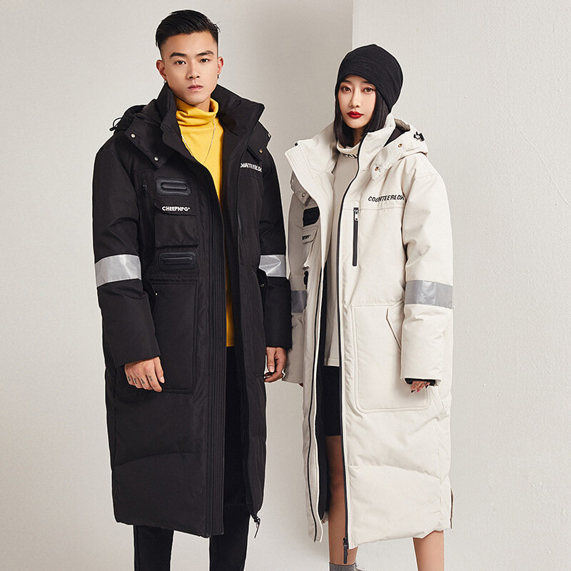 Пуховик для пар, длинная свободная куртка до колена, большие размеры, новинка 2022, модное зимнее пальто с капюшоном в Корейском стиле для мужчин и женщин