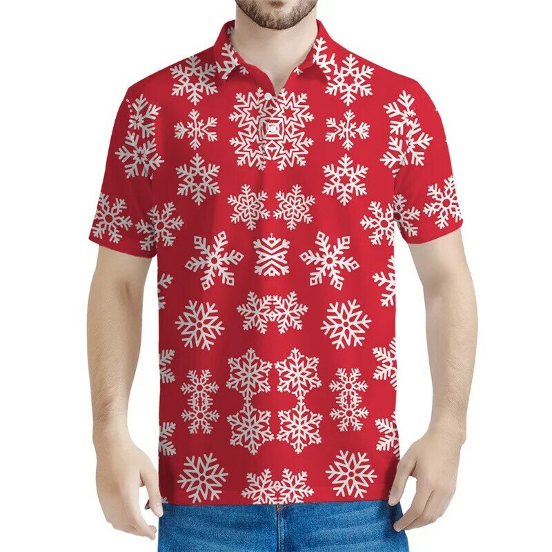 เสื้อโปโลลายเกล็ดหิมะคริสต์มาสสำหรับผู้ชายเสื้อยืดพิมพ์ลาย3D เสื้อผ้าแนวสตรีทเสื้อผู้หญิงแขนสั้นคอปกเสื้อสำหรับฤดูร้อน