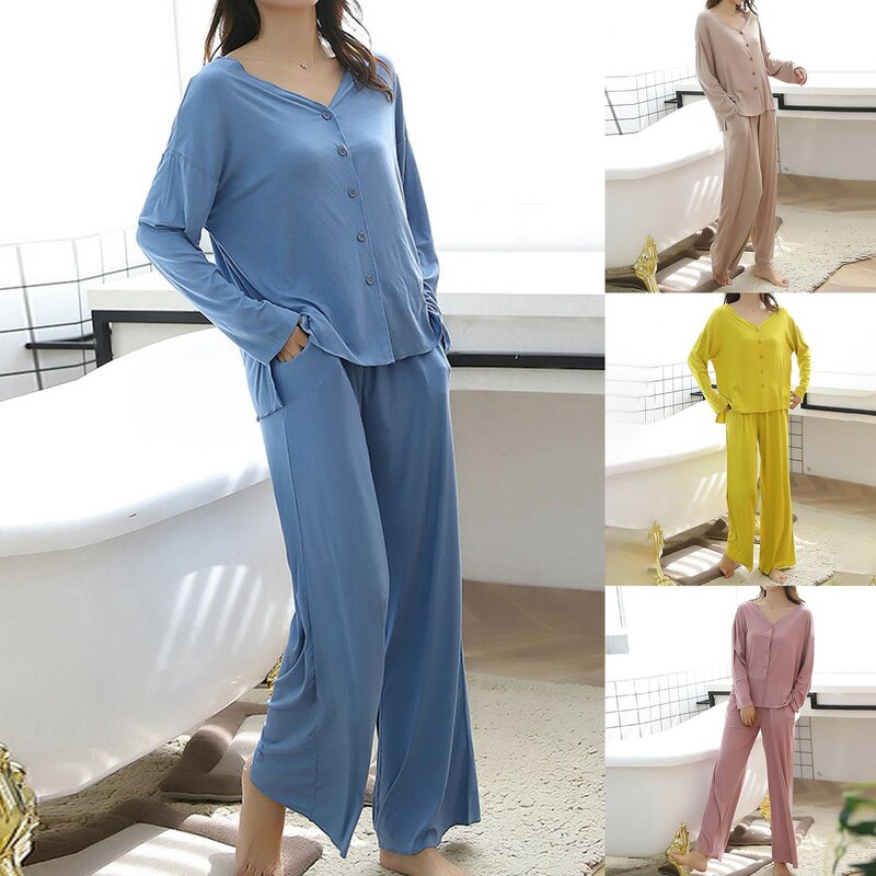 Conjunto de ropa para el hogar para mujer, Top y pantalones de manga larga con botones, cuello en V, informal, a la moda, Color sólido