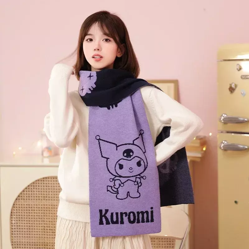 Милый вязаный шарф Sanrio Kuromi My Melody Cinnamoroll мультяшный для взрослых двухцветный теплый утепленный шарф аксессуар для костюма подарок для детей