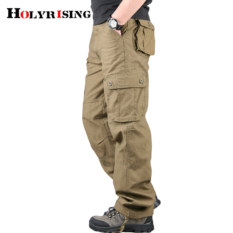 Holyrising กางเกงคาร์โก้ผู้ชายกางเกงผ้าฝ้ายลำลองหลายกระเป๋าขนาด29-44แฟชั่นทหาร18677-5