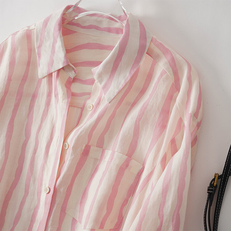 YCMYUNYAN-Blusa Vintage a rayas para mujer, camisa holgada de manga larga, Tops de lino y algodón con cuello de Polo, novedad de verano