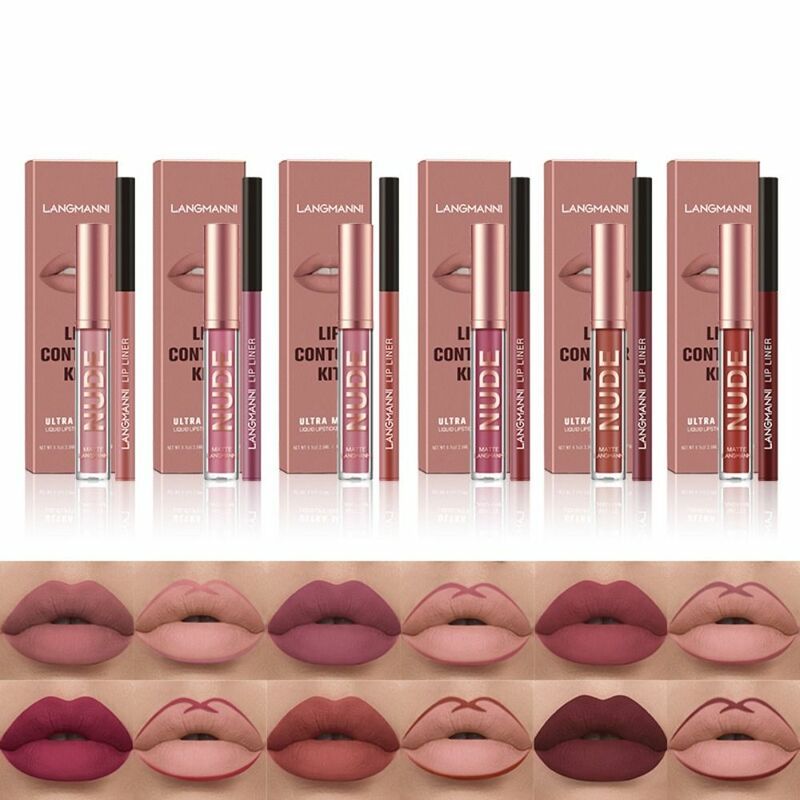 Gift Party Makeup Beauty Lip Glaze Lip Liner Set Long-Lasting Non-stick Cup Velvet Matte Lip Gloss