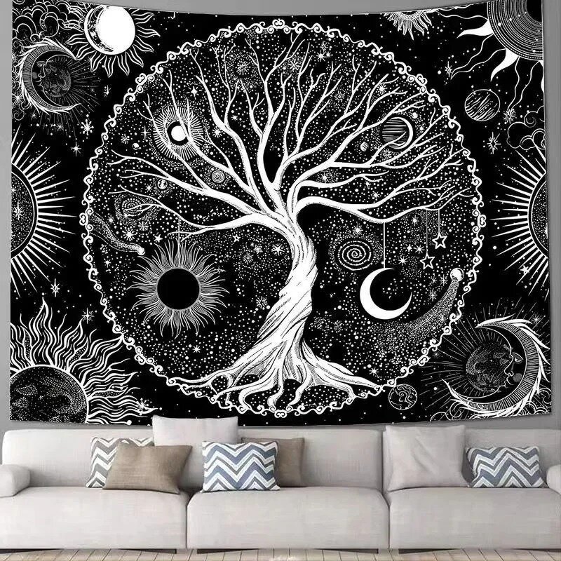 Tapiz de árbol de la vida, colgante de pared psicodélico, Luna Negra y sol, estética mística para sala de estar y dormitorio