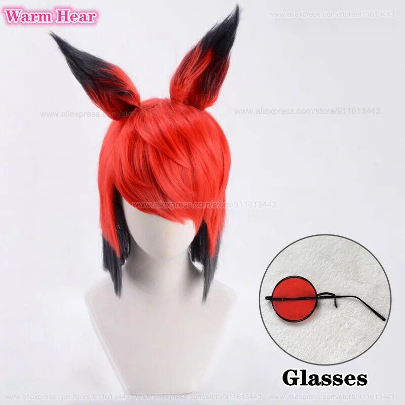 Anime Hotel Alastor Wig With Ear Cosplay Anime Wigs Short Red black Wig Heat Resistant Synthetic Hair Men Women Wigs + A Wig Cap