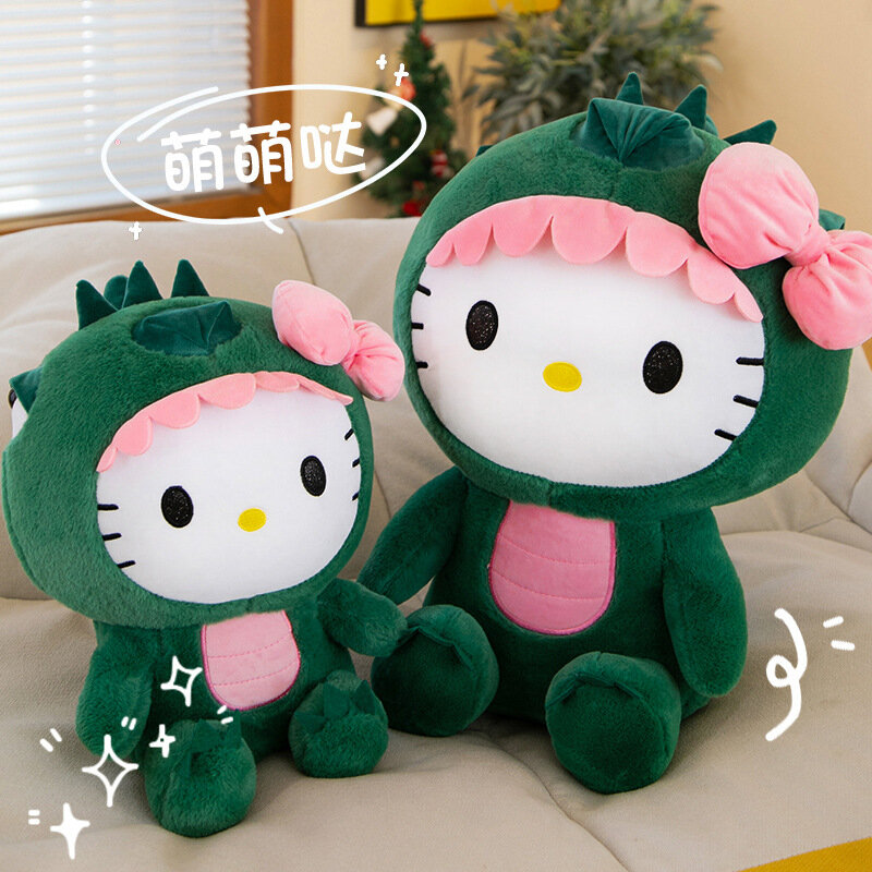 Sanurgente Kawaii Hello Kitty dinosaure en peluche, jouet de dessin animé, décoration de chambre à beurre, oreiller de couchage, cadeau d'anniversaire pour enfants, 35 cm, 50 cm, 65cm