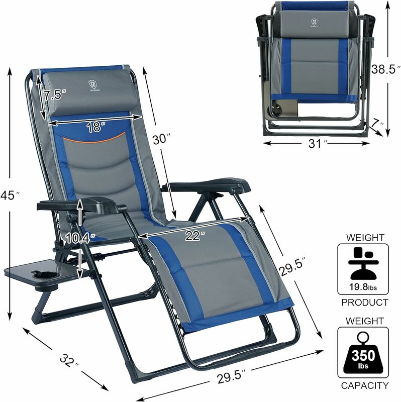 Zero Gravity Cadeira Reclinável com Apoio Ajustável Encosto de Cabeça, Espreguiçadeira Acolchoada, Grande XL, Conjunto de 2, 350lbs