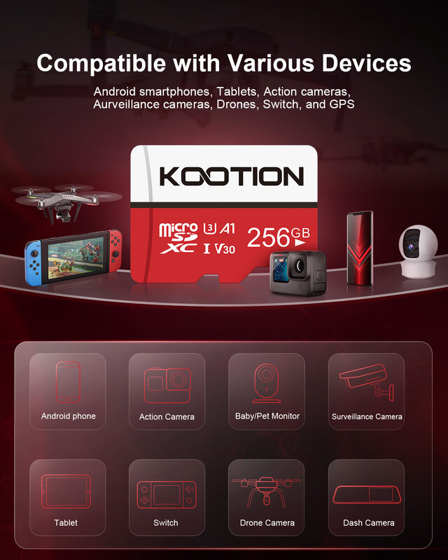KOOTION 카메라 액션 카메라 드론용 마이크로 SD 카드 UHS-I U3 V30 4K, T1 256GB, 스마트폰 클래스 10, 128GB SDXC
