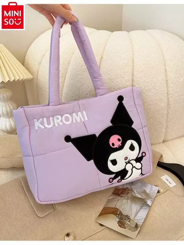 MINISO Sanrio Hello Kitty Kuromi bolso de mano con estampado dulce para mujer, Material de plumón de alta calidad, gran capacidad de almacenamiento