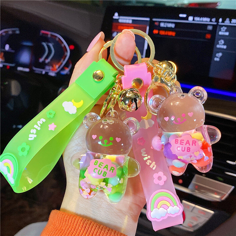Cute Rainbow Oil Acrylic Bear Drift Bottle Pendant Creative Boutique Cartoon Car Chain Key Ring Ring Accessories Doll