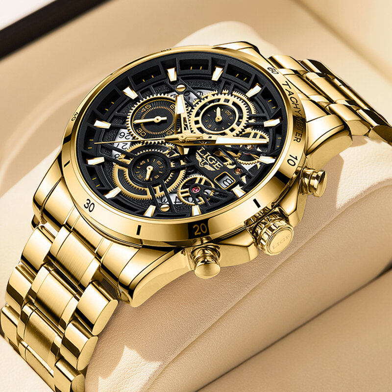 LIGE Relogio Masculino orologi da uomo Luxury Gold Big dial orologio da uomo Casual in acciaio inossidabile orologio da polso militare al quarzo