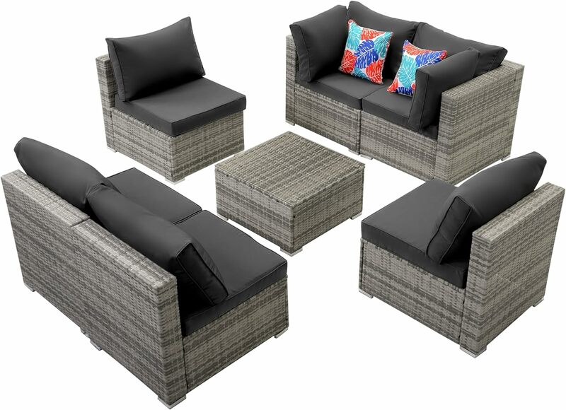 Set di divani in vimini PE Rattan da 7 pezzi, set di conversazione per mobili da giardino componibili per tutte le stagioni con tavolo da tè e cuscini