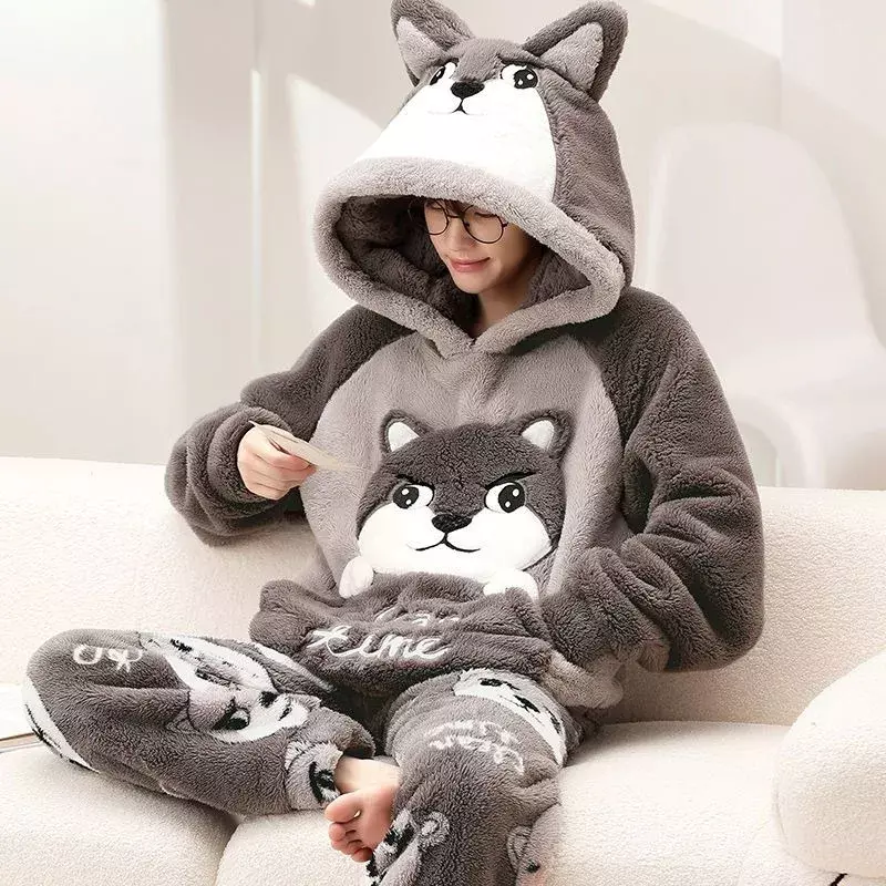 Herfst Winter Homewear Koraal Fleece Heren Pyjama Dik Bont Flanel Cartoon Mannelijke Loungewear Sets Plus-Size Loungewear Pak Pyjama